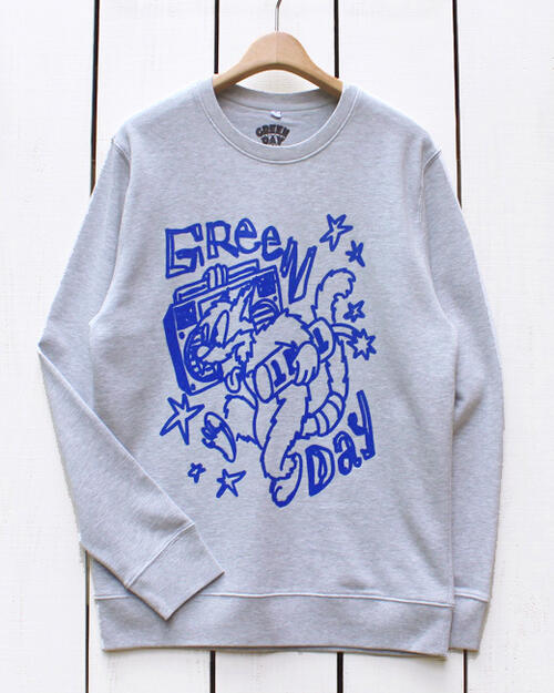 Green Day / Rock Off Crew Sweat / Cat Blaster Grey / rock band ロック オフ / グリーン デイ クルー スウェット / グレー ヘザー 杢 / 長袖 裏起毛 フロント プリント ブルー パンク ロック バンド(4)