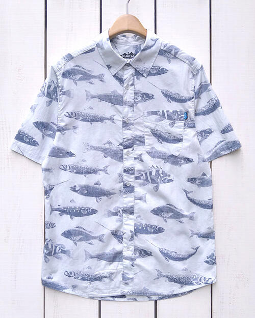 Kavu Topspot / Big Blue Fish print ss shirts cotton カブー トップスポット 半袖 シャツ 総柄 プリント 裏使い 魚拓風 魚 フィッシュ / 隠しポケット オーガニックコットン アイスブルー kavu classic outdoor