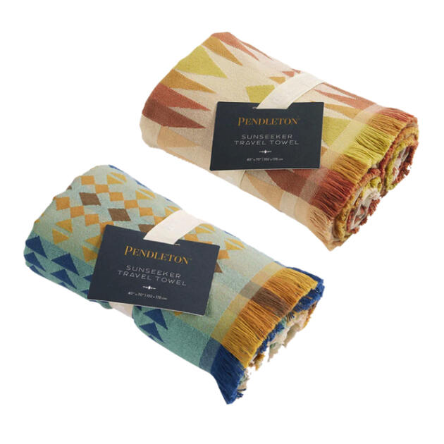 Pendleton Sunseeker Travel Towel / 2-col Rancho Arroyo Aqua & Harding Coral ペンドルトン サンシーカー トラベル タオル 2柄 ネイティブ 大判 薄手 軽量 速乾 コンパクト 携行 アウトドア フェス ブランケット pendleton native