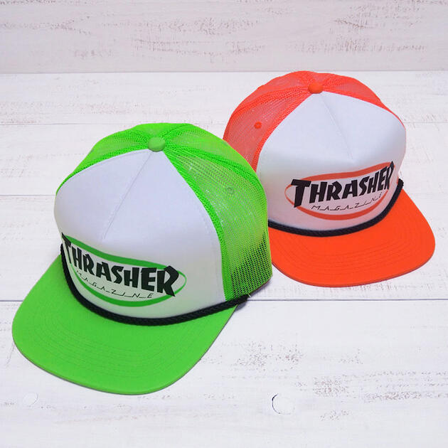 Rakuten - Thrasher Ellipse Mag Logo Trucker Rope Cap 2-Col / green & orange neon mesh スラッシャー ロゴ ロープ トラッカー キャップ メッシュ フラット バイザー 2色展開 / スケート skate street thrasher magazine us import