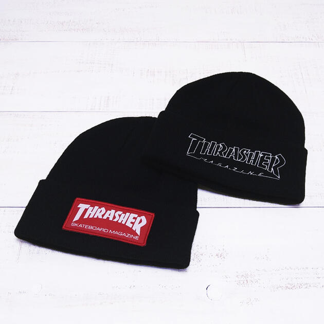 Rakuten - Thrasher Patch ＆ Logo Beanie / Black 2-pattern / skate mag outline knit cap watch スラッシャー パッチ & ロゴ ビーニー / ブラック 黒 2柄展開 / ニット ワッチ キャップ スケート skate street thrasher magazine us import
