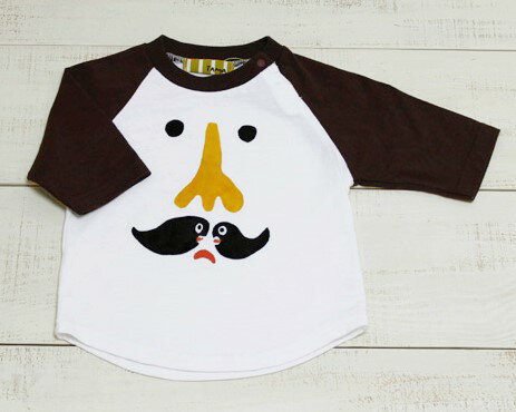 TaMa Kids Print Baseball Tee White Brownたま キッズ ベースボール Tシャツ ラグラン 7分袖「くちヒゲ君」ホワイト ブラウン 90サイズ