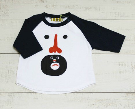 TaMa Kids Print Baseball Tee White Navyたま キッズ ベースボール Tシャツ ラグラン 7分袖「まるヒゲ君」ホワイト ネイビー 90サイズ