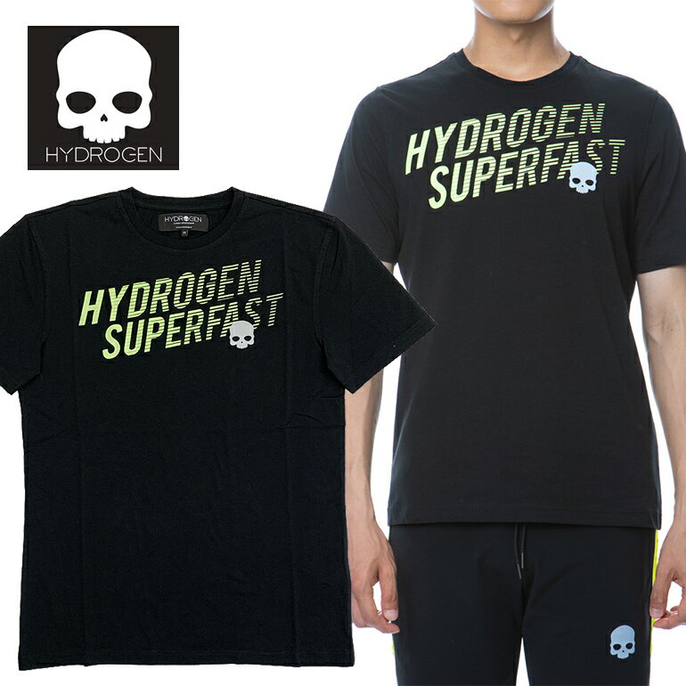 HYDROGEN ハイドロゲン メンズ 半袖 Tシャツ265604 SUPER FAST TEE BLACKネオンイエロー ドクロ スカル