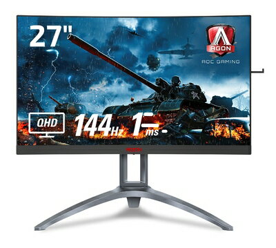【中古】 AOC ゲーミングモニター AG273QCX/11(27インチ/曲面/144Hz/1ms/HDMI/DisplayPort/フリッカーフリー/FreeSync2/高さ調整/DisplayHDR400)