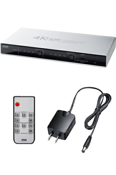 【商品名】サンワダイレクト HDMI切替器 4K 60Hz 4入力 2出力 PS5対応 HDR HDCP2.2 光デジタル リモコン付き 400-SW039（中古品）中古品の特性上、外箱,取り扱い説明書等は基本的には付属いたしません。商品として問題があるものではございません、動作確認済みとなります。商品名に【付属、特典、○○付き、ダウンロードコード】等の記載があっても中古品の場合は基本的にこれらは付属致しません。当店の中古品につきましては商品チェックの上、動作に問題がないものを取り扱っております。ご安心いただきました上でご購入ください。保証等の記載がある場合がございますが、中古品となりますためメーカー保証の対象外となります。あらかじめご承知おきください。【ご注文〜発送完了までの流れ】ご注文は24時間365日受け付けております。ご注文後いただきました後に当店から注文確認メールが送信されます。発送までの期間といたしましては、ご決済完了後より2〜5営業日となります。発送完了後に発送通知番号記載のメールが送付されます。【ご注意事項】当店はお客様都合によるご注文・ご決済後のキャンセル・返品はお受けしておりません。ご承知おきのうえご注文をお願いいたします。当店は一部商品を他モール等と併売させていただいております。完売の際はご連絡させていただきます。予めご承知おきのほどお願いいたします。掲載されております画像はイメージとなります。実際の商品とは色味等異なる場合がございますため、予めご承知おきください。
