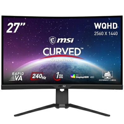 【中古】 MSI 湾曲ゲーミングモニター MAG 275CQRXF 27インチ/WQHD/RAPID VAパネル/240Hz/1ms(GTG)/湾曲率1000R/KVMスイッチ/Adaptive-Sync/HDMI/DP/USB Type-C/メーカー