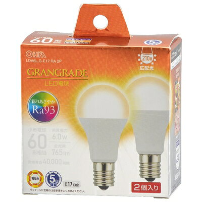 【中古】（新古品） オーム電機 LED電球小形 E17 60形相当/60W相当 電球色 Ra93高演色 密閉器具対応 断熱材施工器具対応 ミニクリプトン形 5年 2個入 LDA6L-G-E17 RA 2P 06-5566 OHM
