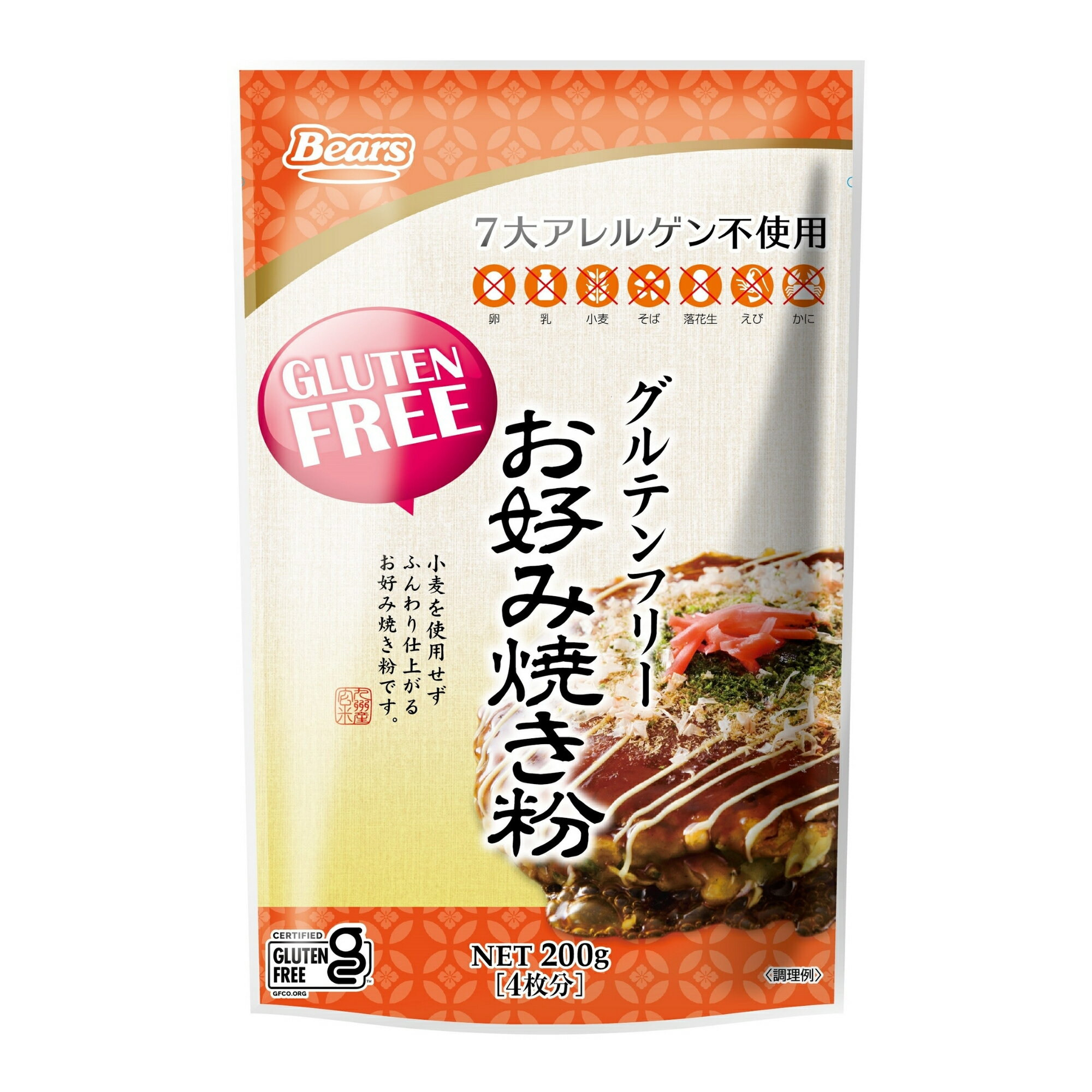 グルテンフリー認証（認証機関：Gluten Free Certification Organization (GFCO)）を取得しました！小麦を使用せずふんわり仕上がるお好み焼き粉です。 商品説明名称加工食品用ミックス粉 原材料名 玄米粉（うるち米（九州産））、とうもろこし粉、デキストリン、ぶどう糖、食塩／加工でん粉、膨張剤、増粘剤（HPMC、キサンタンガム） 賞味期限製造日より12か月内容量200g包装 ダンボール、ポリ保存方法直射日光、高温多湿の場所を避けて保存して下さい。 開封後は口をしっかりとしめて冷蔵庫に保管しお早めにお使いください。 匂いが付きやすい為、匂いの強い場所での保管の際にはご注意下さい。本製品について 本商品はアレルギー特定原材料を使用せず、専用の工場で製造しておりますが、グルテン成分でのアレルギー症状が極めて敏感な方は特に慎重にお召し上がり下さい。初めは少量からお召し上がりになることをおすすめいたします。 製造者熊本製粉株式会社熊本県熊本市西区花園1−25−1 製造所熊本製粉株式会社合志米粉工場熊本県合志市野々島2051-4 お届けについて 基本的に、ご注文頂いてから出荷までに約3営業日のお時間を頂戴しております。 （イベント開催時や連休、ギフトシーズンは出荷までにさらに時間がかかります。）小麦を使用せず、ふんわりと仕上がるグルテンフリーのお好み焼き粉です。 【乳・卵・小麦・そば・落花生・えび・かに】の7大アレルゲン不使用で九州産の玄米粉を100％使用。 膨張剤もアルミフリーを使用しています。 からだにやさしい　安心・安全のお好み焼き粉です。