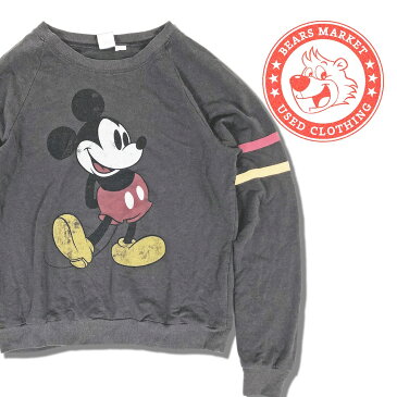 ★ 【中古】Disney ディズニー ミッキーマウス 袖ライン リブ付き 長袖Tシャツ 薄手 スウェット S チャコール USE0019 ロゴ ロンT ブランド メンズ レディース 男女兼用 古着 おしゃれ 春 秋 冬 クルーネック かすれ プリント