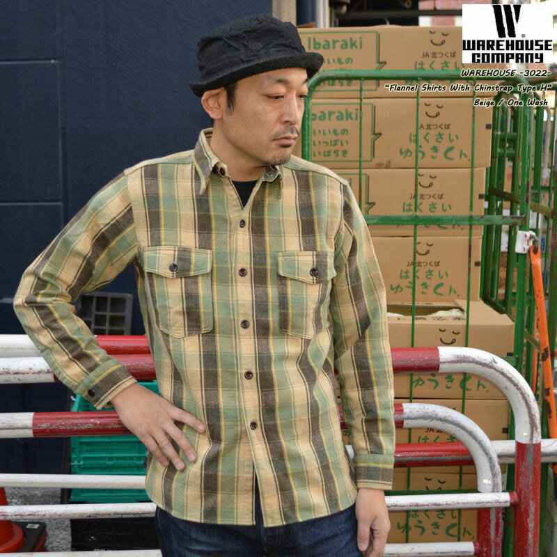 WAREHOUSE "Lot 3022" H柄フランネルシャツ ウィズ チンストラップ ワンウォッシュウエアハウス ウェアハウス ネルシャツ