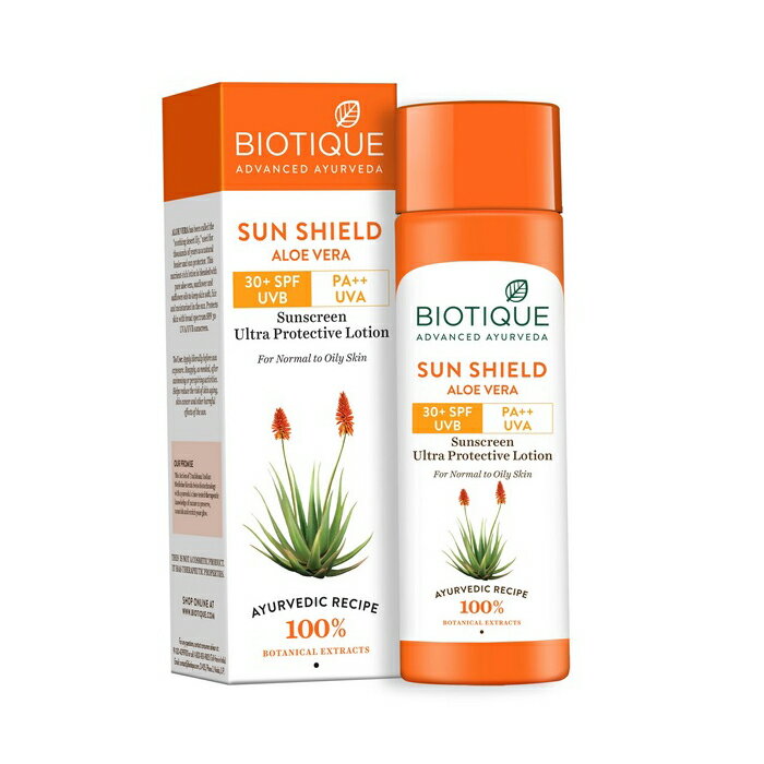 【海外通販・正規品・日時指定不可】サンシールドアロエベラサンスクリーン 120ml 1本 SPF30+ バイオティーク Biotique Sun Shield Aloe Vera Sunscreen 日焼け止めクリーム 植物成分 アーユルヴェーダ:国際郵便発送