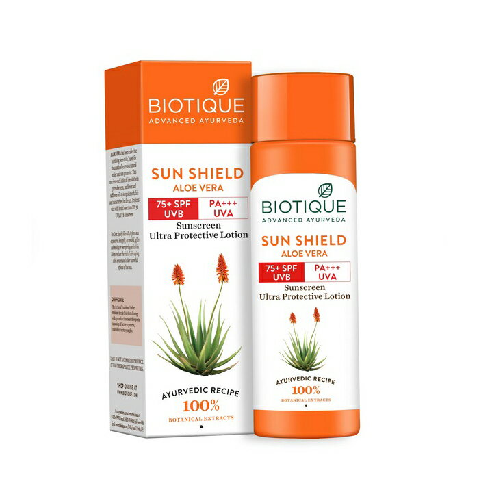 サンシールドアロエベラサンスクリーン 190ml 1本 SPF75+ バイオティーク Biotique Sun Shield Aloe Vera Sunscreen 日焼け止めクリーム 天然成分 アーユルヴェーダ：国際郵便発送