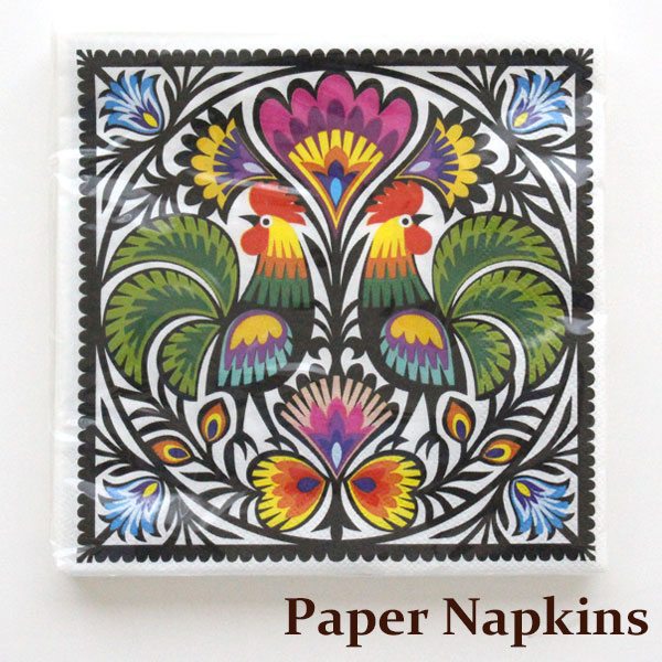 ポーランド ペーパーナプキン ウォヴィチ地方 切り絵モチーフ おんどり LOWICZ PAPERCUTS rooster 紙ナプキン 東欧雑貨 かわいい おしゃれ メール便可のサムネイル