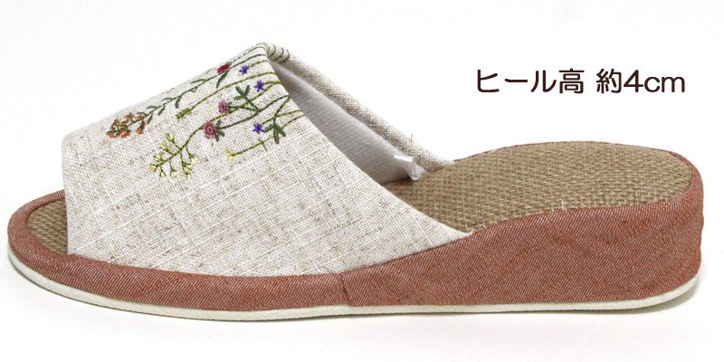 ヒール スリッパ 夏用 ハーブ刺繍 麻中 ヒール高約4cm 花 ナチュラル おしゃれ