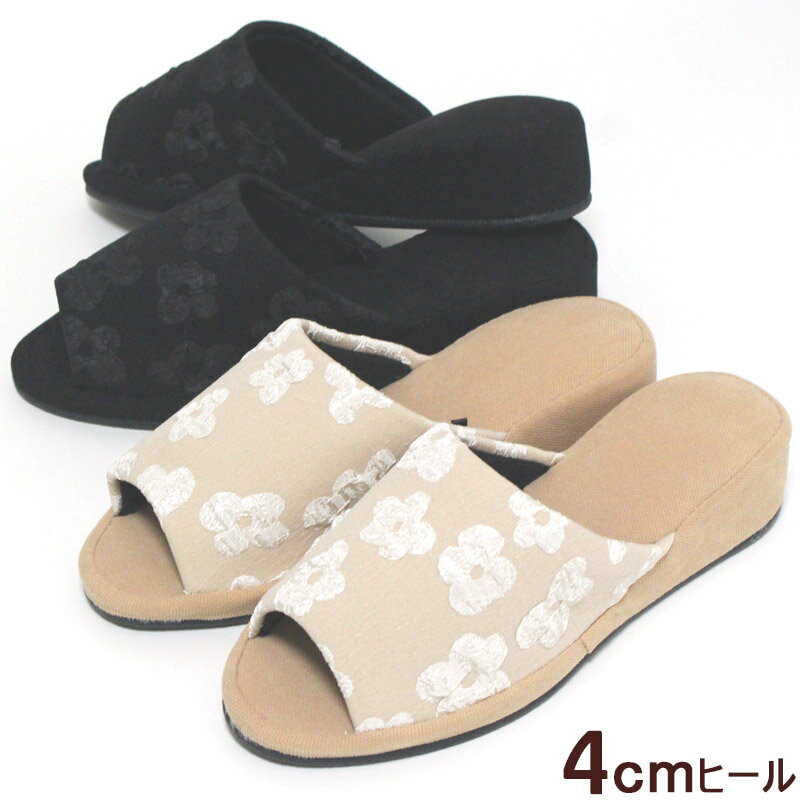 ヒールスリッパ 花ふくれ織り風 4cm ヒール高 クッション入り ブラック