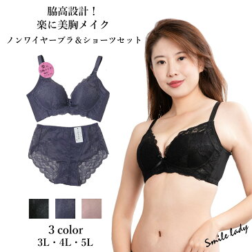 選べる3色 ブラジャー&ショーツ セット 3L〜5Lサイズ 脇高 ノンワイヤー レース 底厚カップ 女性下着 li1007set
