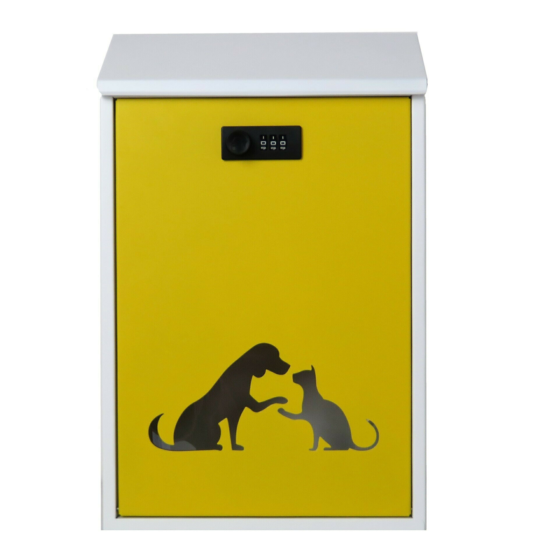 決算セール！【あす楽】【郵便 ポスト】壁掛け 鍵付き おしゃれ 人気 郵便受け メールボックスダイヤル錠付「犬と猫の希望」イエロー 黄色ポストpm487