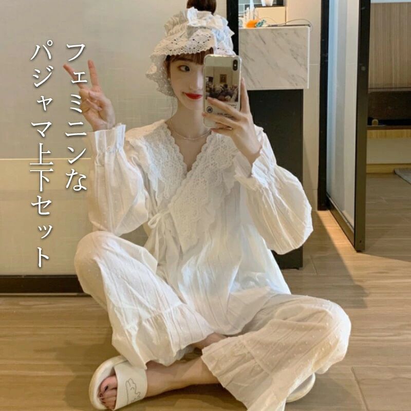 ルームウェア パジャマ レディース 部屋着 綿混 コットン レース レース飾り セットアップ 上下セット 2点セット シャツ 長袖 パンツ ロングパンツ 秋ルームウェア 秋パジャマ おうち服 ゴミ出し