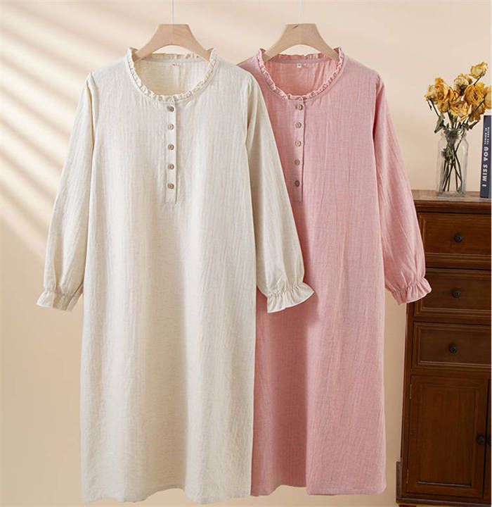ルームウエア ワンピース フリル 綿 レディース 綿麻 ネグリジェ 長袖 無地 綿麻ワンピース ルームワンピース 薄手 ラウンドネック 春 夏 秋 プルオーバー...