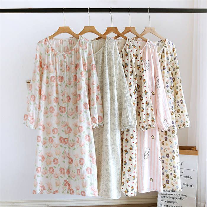 綿 ネグリジェ ルームウエア ワンピース レディース 新作 長袖 花柄 ラウンドネック ルームワンピース パジャマ 前開き ロング ワンピ コットンワンピース ...