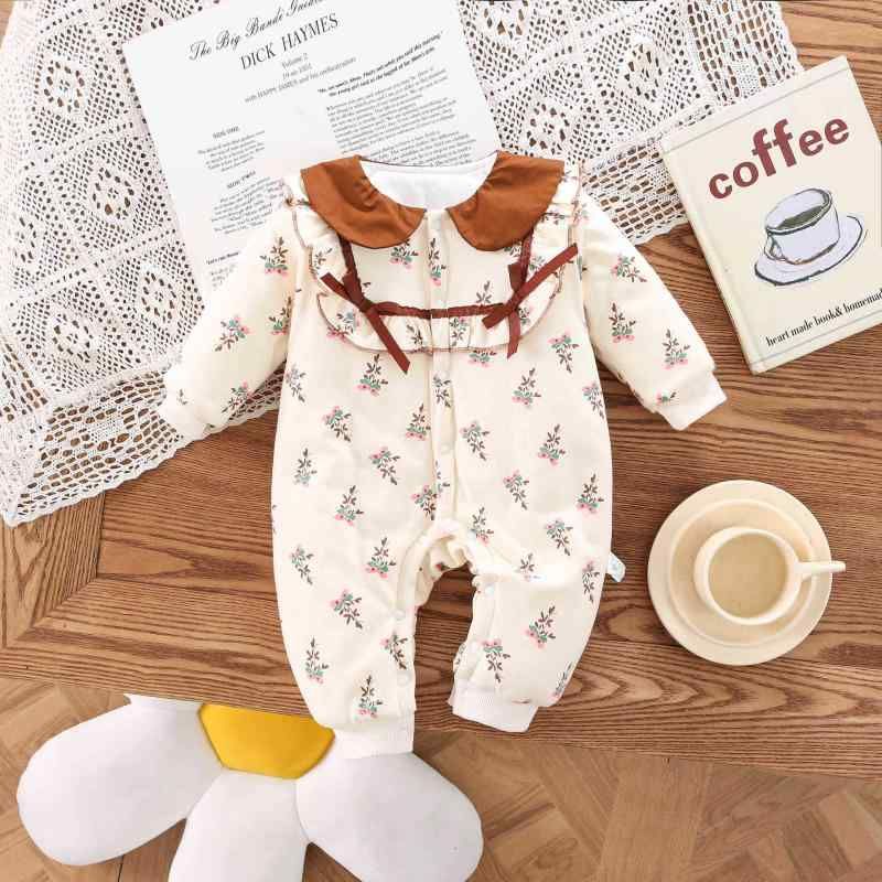 ・カテゴリ: ロンパース・スタイル: カジュアル・主な素材: 綿・袖丈: 長袖・厚さ: 普通・柄: 襟元切り替え小花柄・対象性別: 女の子・対象年齢: 新生児 (0〜1歳)・サイズ展開: 66cm、73cm、80cm、90cm