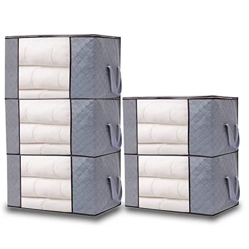 衣類 収納袋 大容量 布団収納袋 除湿・防塵・防虫 布団袋 収納大型 洋服収納袋 窓付収納 ボックス、収納袋不織布 羽毛 布団 収納袋 グレー 84L 5個組（60*40*35cm）