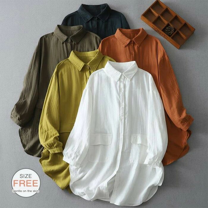 チュニック シャツ ブラウス 折り襟 長袖 レディース ロング丈シャツ 春秋 コットン ロング丈 ビジネス オフィス 長袖シャツ トップス お洒落 春夏 ゆった...