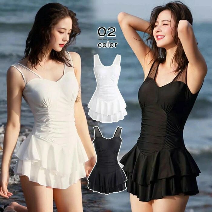 水着 連体 背中見せ セクシー 水着 レディース ワンピース オールインワン おしゃれ かわいい プチプラ フリル フリル水着 肩出し フェミニン ガーリー ハイウエスト 脚長効果 Aライン フレアワンピ パッド一体型 ガードル付き