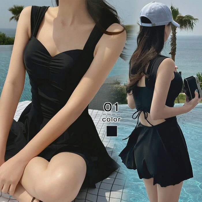 水着 ワンピース バックリボン レディース 体型カバー リボン ワンピース水着 オシャレ 大きいサイズ タンキニ 風 大人 フレア フレアスカート 太もも隠れる ウエストギャザー シンプル 可愛い 体型カバー水着 スイムウェア