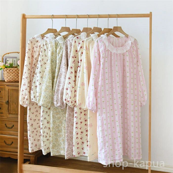 【送料無料】ワ クルーネック 冬 ダブルガーゼ 花柄 長袖 秋 春 レディース ルームウェア パジャマ ワンピース ネグリジェ ルームワンピース