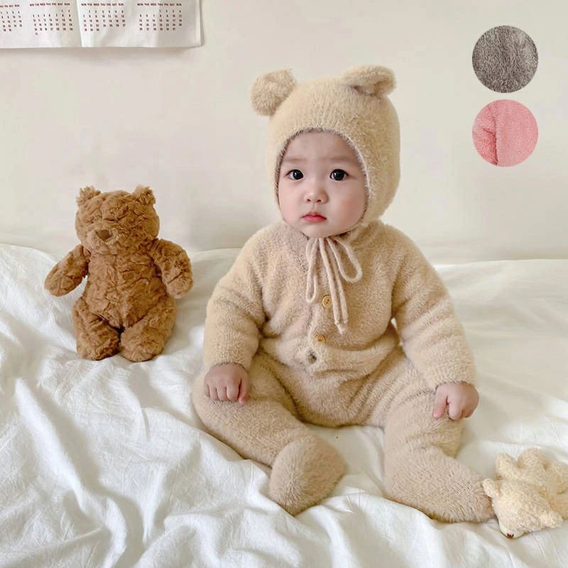 2点セット くまのキャラ+帽子 女の子 男の子 おしゃれ 赤ちゃん ベビー ベビー服 キッズ カバーオール ..