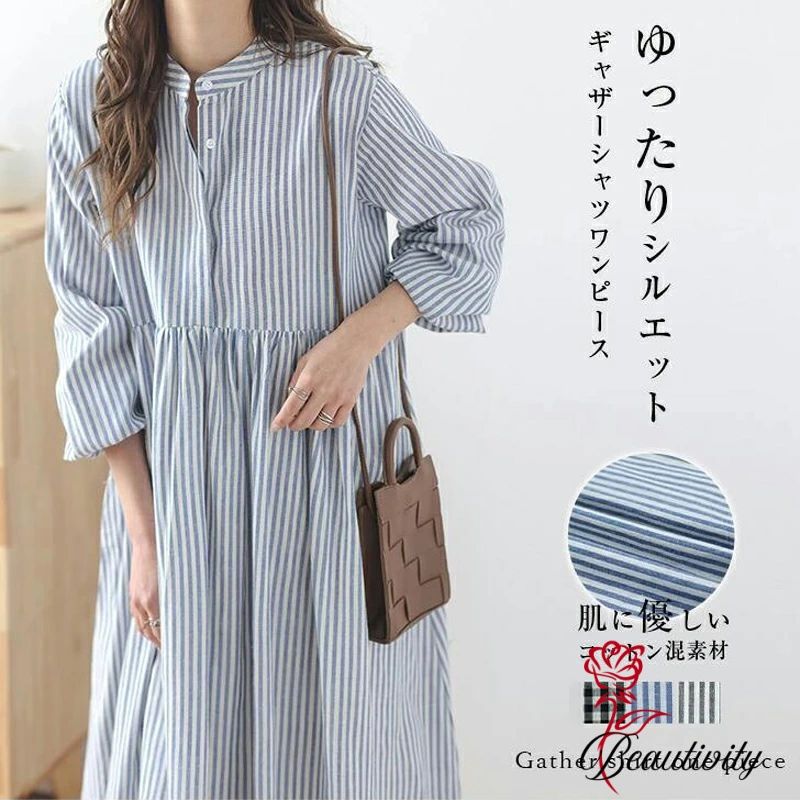 シャツワンピース 長袖 ロングワンピース 春 夏 秋 冬 チェック ストライプ 大きいサイズ ロング丈 マキシ丈 きれいめ ゆったり レディース マキシワンピース 綿混 着痩せ 体型カバー シンプル シャツ ワンピ