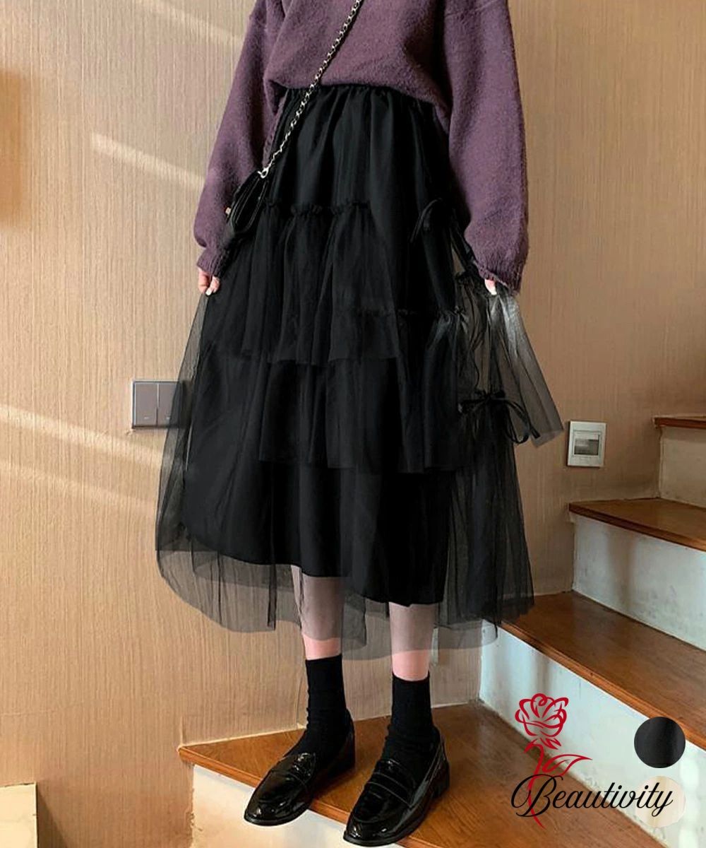 ティアードスカートロングチュールスカート レディース リボン付きスカート ランダムティアードスカート ふんわりミモレ丈スカート 大人可愛いフレアスカート春夏韓国風 HMEIX-