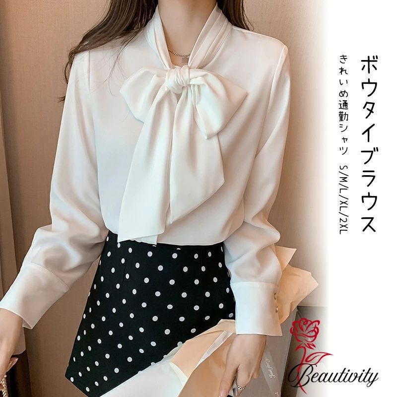 樂天商城 - 長袖 シャツ ブラウス シャツブラウス 白シャツ 長袖トップス チュニック ボウタイ 長袖シャツ リボンタイ 長袖ブラウス 無地 きれいめ 白 ホワイト ゆったり 体型カバー 通勤 カジュアル 大人 通学 抜け感 きれいめ フォーマル