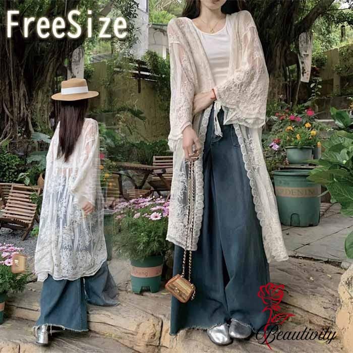 レースカーディガン ガウン チュール 春夏 シアートップス レディース 羽織 レースガウンカーディガン 透け感 女性 大人 ロング カーディガン ベージュ カジュアル 薄手 レース 刺繍 日焼け止め セクシ 海 ボヘミア風 ボヘミアン
