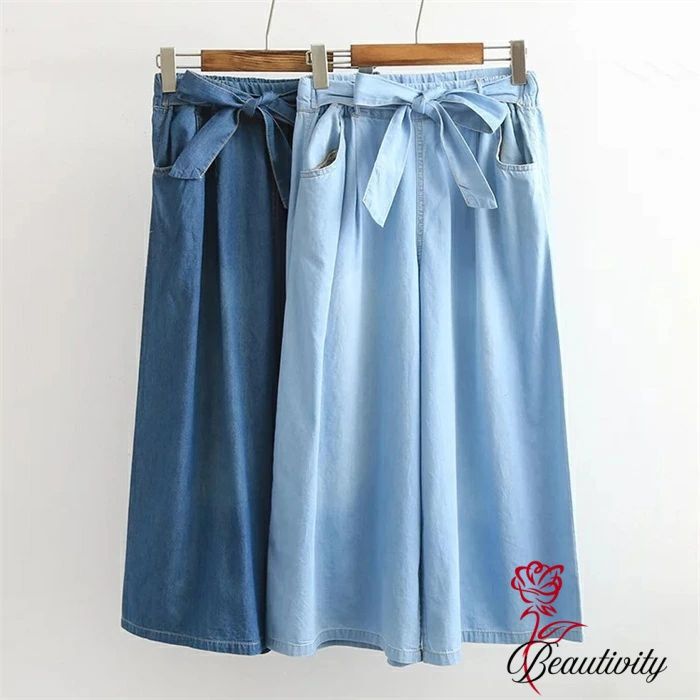 デニムパンツ キュロットスカート パンツ レディース デニム ワイド デニムワイドパンツ 無地 可愛い リボン 楽ちん イージーパンツ ウエストゴム ボ ズボン ゆったり 体型カバー カジュアル シンプル ガーリー 大人 代 代 4代 代 送料無料
