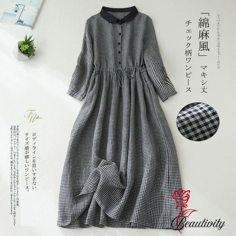 ワンピース ロングワンピース 長袖 チェック柄 ワンピース 秋 シャツワンピース チェック柄 マキシ丈 体型カバー 大きいサイズ ロングワンピ ゆったり リネンワンピース ロングワンピ 切り替え ウエストリボン ポケット付き ワンピ 通勤 通学