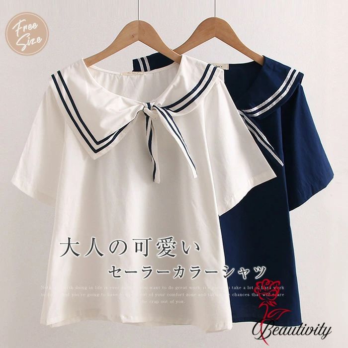 樂天商城 - セーラーカラー シャツ ブラウス レディース 半袖 綿100% tシャツ 無地 白 リボン付き シャツブラウス 半袖 レディース 春 夏 tシャツ レディース 半袖 カジュアル ゆったり 大きいサイズ シンプル おしゃれ トップス プルオーバー 着やすい ガーリー コットン 紺色