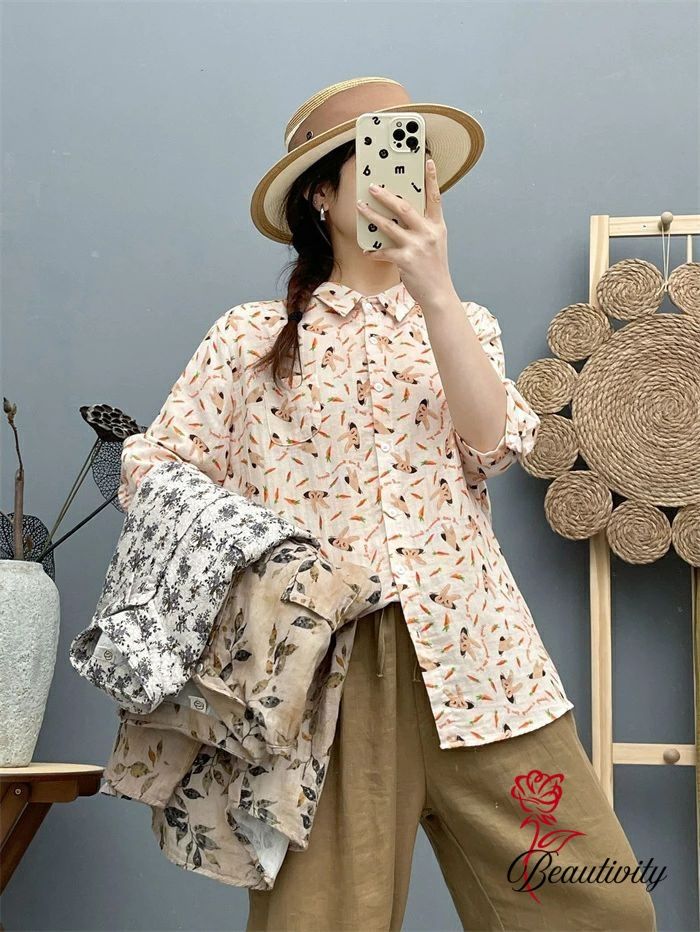 ガーゼシャツ レディース 夏 シャツ ブラウス ウサギ柄 花柄 五分袖 コットン 綿ガーゼ シャツブラウス 可愛い 前開き 折襟トップス 重ね着 柔らかい ナチュラル 森ガール レトロ 吸汗 通勤 通学 オフィス フォーマル 20代 30代 40代 50代