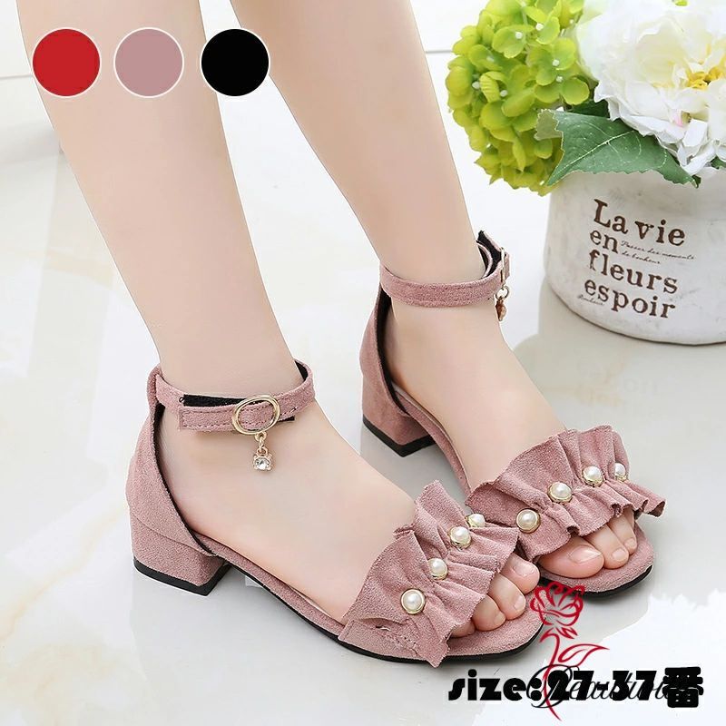 サンダル キッズ 靴 フリル お姫様靴 ハイヒール ビーチサンダル フォーマル ジュニア 夏物 女の子 子ども キッズシューズ 子供靴 海 姫系 かわいい おでかけ プレゼント 舞台靴 公演 演出靴 入学式/パーティ ピンク ブラック レッド