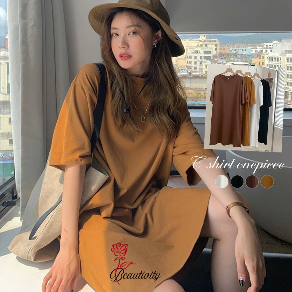 ゆったり Tシャツワンピース レディース ドロップショルダー ロング丈Tシャツ クルーネック ミニワンピース カジュアル 着やせカットソー 韓国チュニックワンピ夏 XHUAI