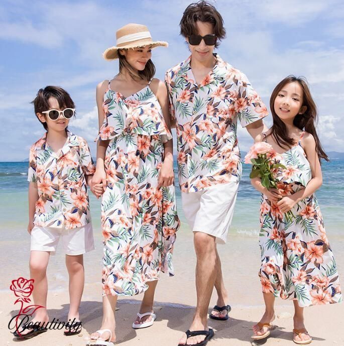 親子 ペアルック 夏服 花柄 アロハシャツ アロハ ドレス カップル 夏服 家族お揃い衣装 海旅行 新婚旅行 ビーチ衣装 Tシャツ＋半ズボン ロング丈ドレス 家族活動 親子コーデ カップル プレゼント