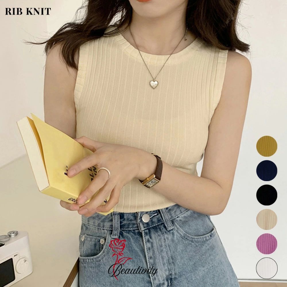 乐天商城 - リブニット タンクトップ レディース春夏 ラウンドネック サマーニット 着回し 大人カジュアル 韓国 ノースリーブ ニットカットソー 無地お洒落 ニットインナー ZF