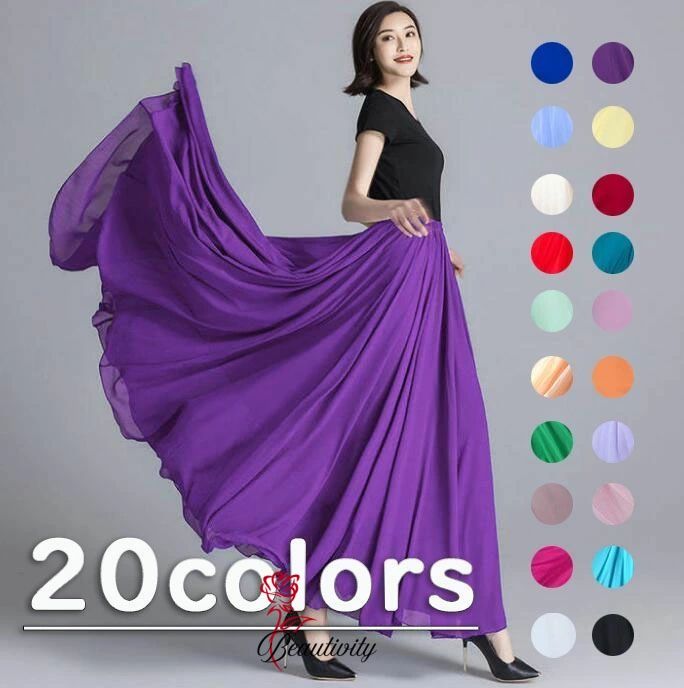 20色 シフォンスカート ロング丈 ダンス衣装 マキシ丈スカート 大きい裾 女性 ダンス衣裳 2重シフォン 720度 大きい裾周り モダンダンス 民族ダンス 古典ダンス ビーチスカート 舞台演出服 練習着 カラフル スカート