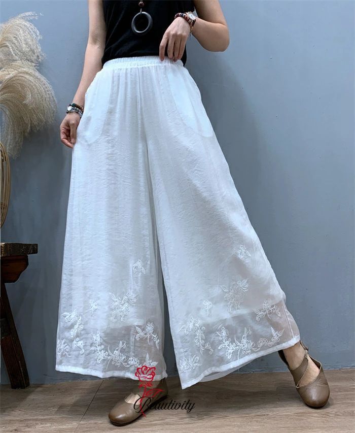 ワイドパンツ キュロットスカート パンツ レディース ダブルパンツ ロングスカート 刺繍 ロング丈 薄手 イージーパンツ 楽ちん ウエストゴム ボ ズボン チノパンツ ゆるパンツ ゆったり 体型カバー 着痩せ お洒落 ジュアル エスニック レトロ シンプル