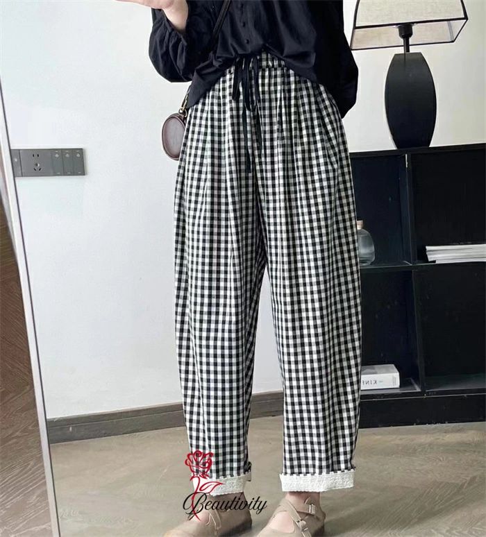 乐天商城 - パンツ テーパードパンツ レディース ロングパンツ 九分丈 チェックパンツ チェック柄 レース 切り替え ウエストゴム イージーパンツ ボ ズボン 大きいサイズ 楽ちん 体型カバー ゆったり カジュアル ナチュラル 着痩せ 可愛い オシャレ 落ち感 春 夏 秋