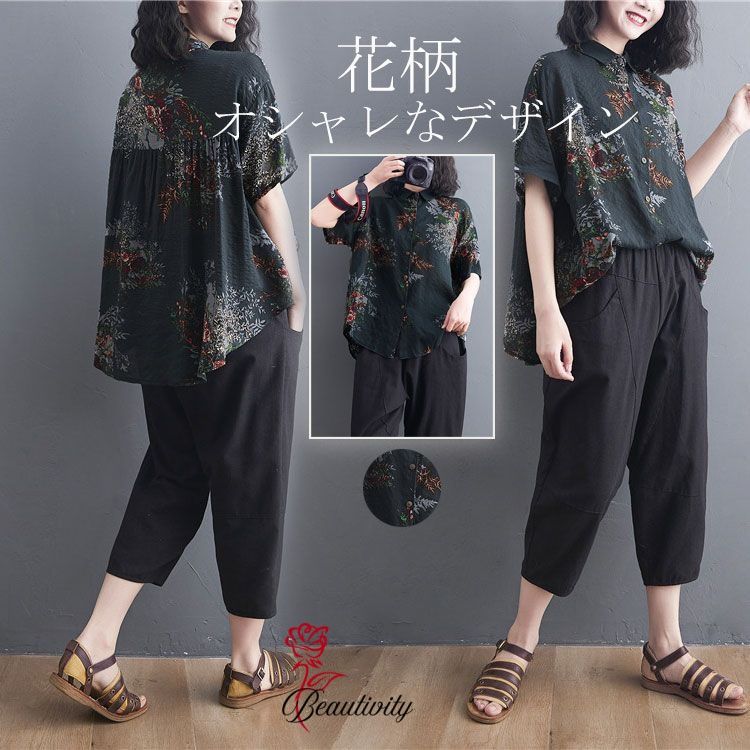 乐天商城 - シャツブラウス レディース トップス 花柄 シャツ ブラウス 花柄シャツ 春 夏 半袖 シンプル 花柄ブラウス 可愛い アシンメトリー 大きいサイズ ゆったり 前開け 夏物 30代 40代 50代 60代 送料無料