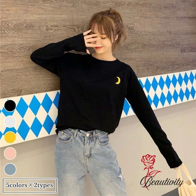 乐天商城 - Tシャツ 長袖 レディース カットソー ラウンドネック 長袖Tシャツ 無地 トップス 刺繍 Tシャツ 春秋 重ね着 レディースTシャツ 丸首