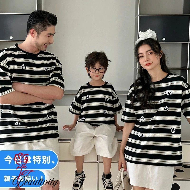親子 ペアルック 夏 パンダ柄 ストラップ柄 半袖 Tシャツ デニムパンツ デニムスカート 半ズボン スカート 韓国 親子ペア 上下セット 大きいサイズ 親子コーデ 大人 子供 カップル レディース メンズ キッズ ママ パパ 男の子 女の子 通学 旅行 家族旅行 カジュアル ゆったり